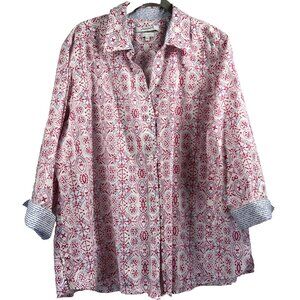 Foxcroft Women's Top Blouse Plus XXL Button Up 3/4 Sleeves Mixed Prints Red Blue